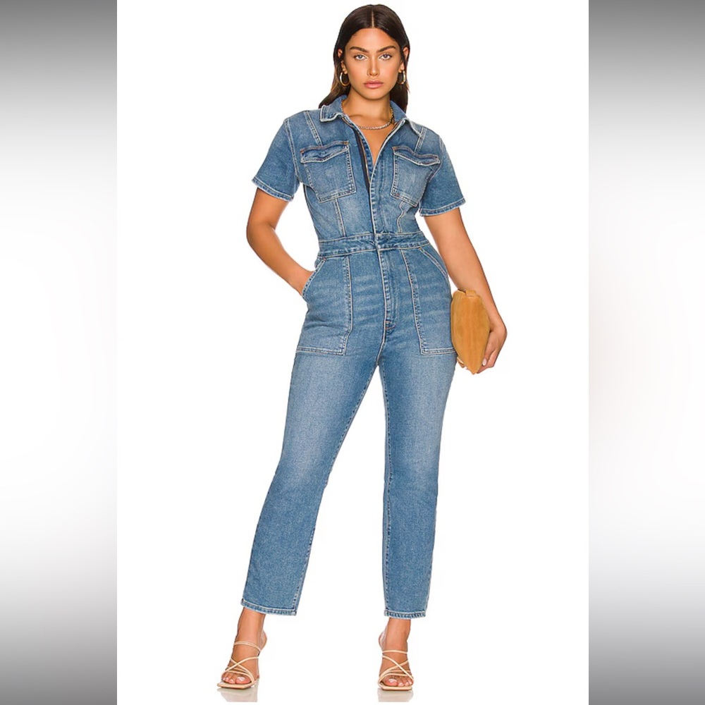 Good American Blue Denim Jumpsuit with Cropped Pants